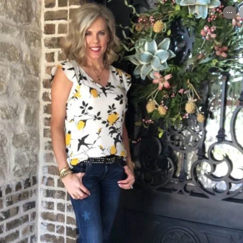 CAbi Yellow and Black Floral V-Neck Top